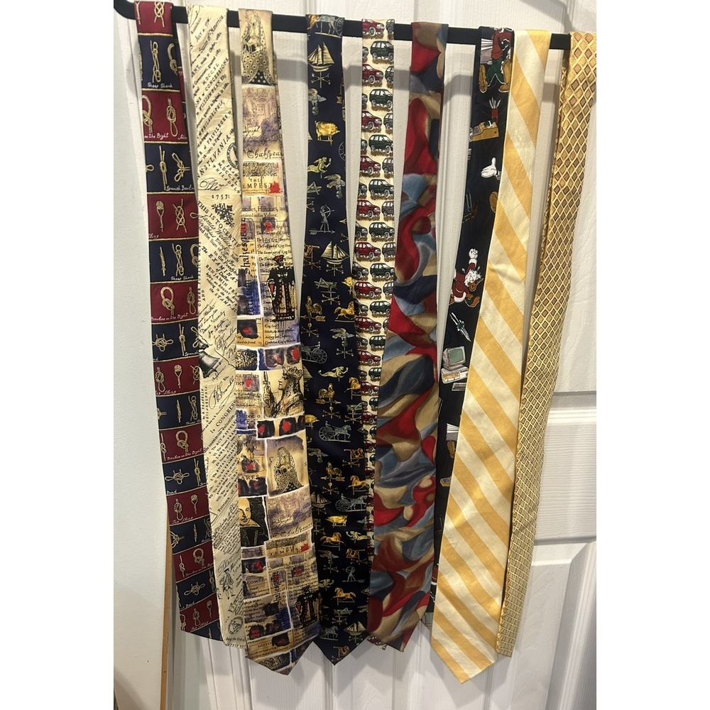 Mixed Brands Men Striped Themed Geometric Neck Tie Lot w/ Logo Accents 9 pieces